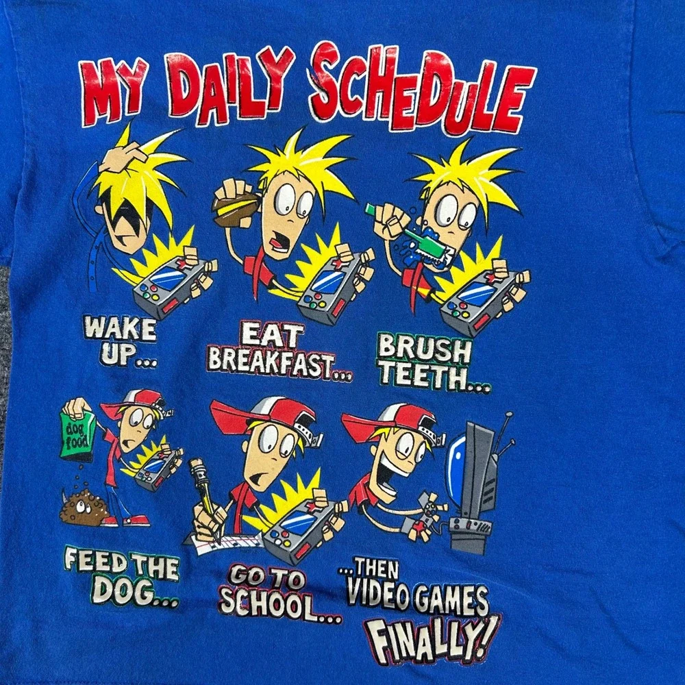 Vintage My Daily Schedule‎ Video Games Finally Graphic T-Shirt Blue Kids Medium